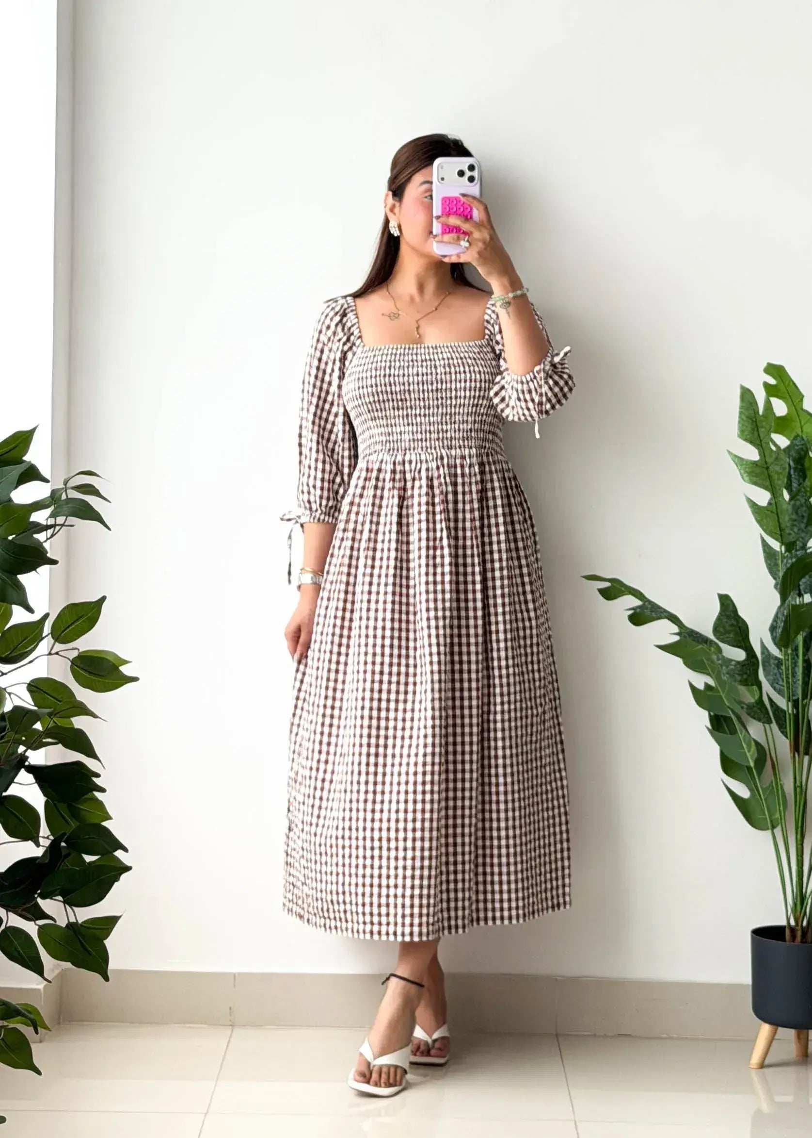 Size M-L, Brown Gingham Smocked Midi Dress