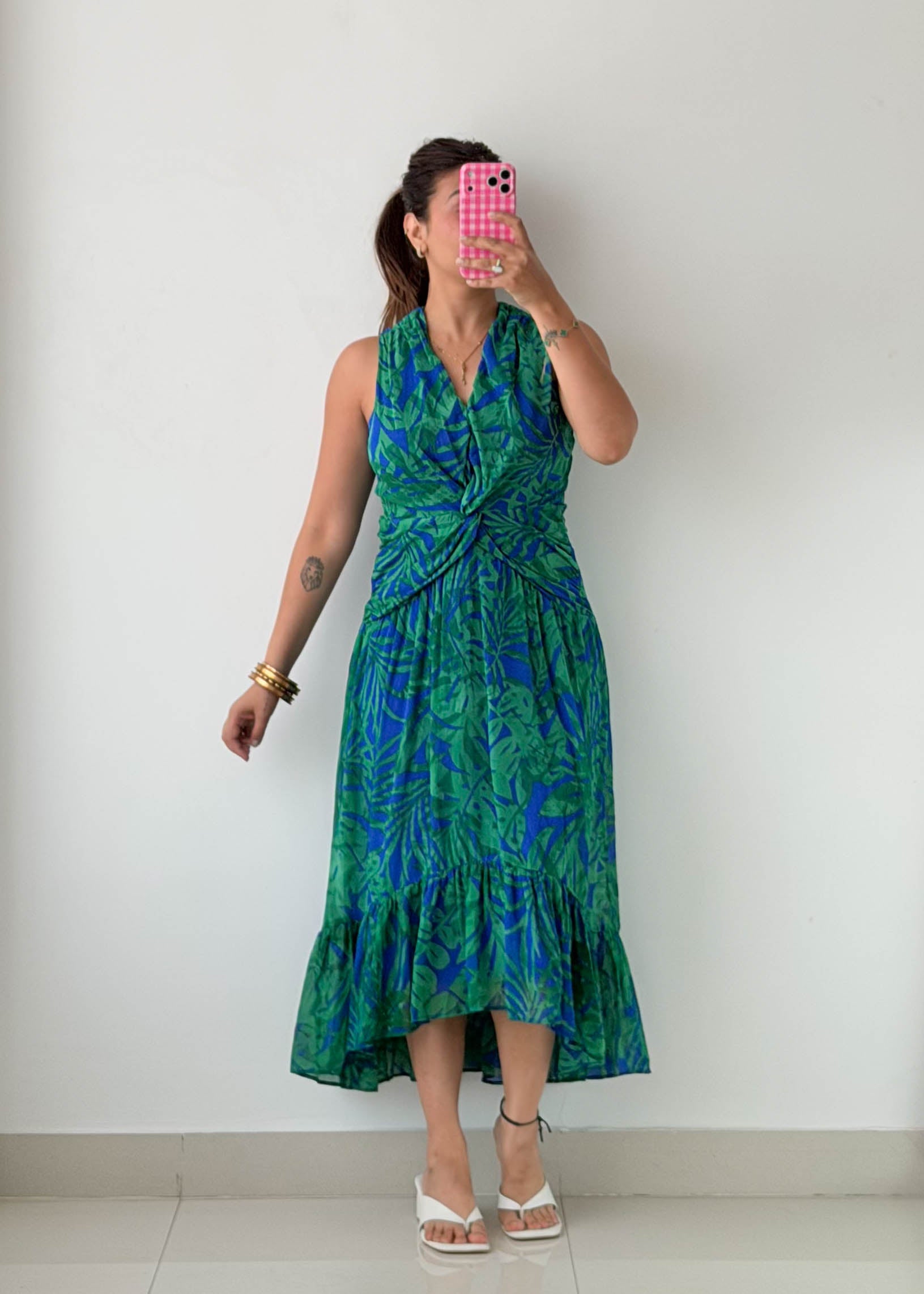 Size S-M Blue & Green Tropical Midi Dress
