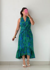 Size S-M Blue & Green Tropical Midi Dress