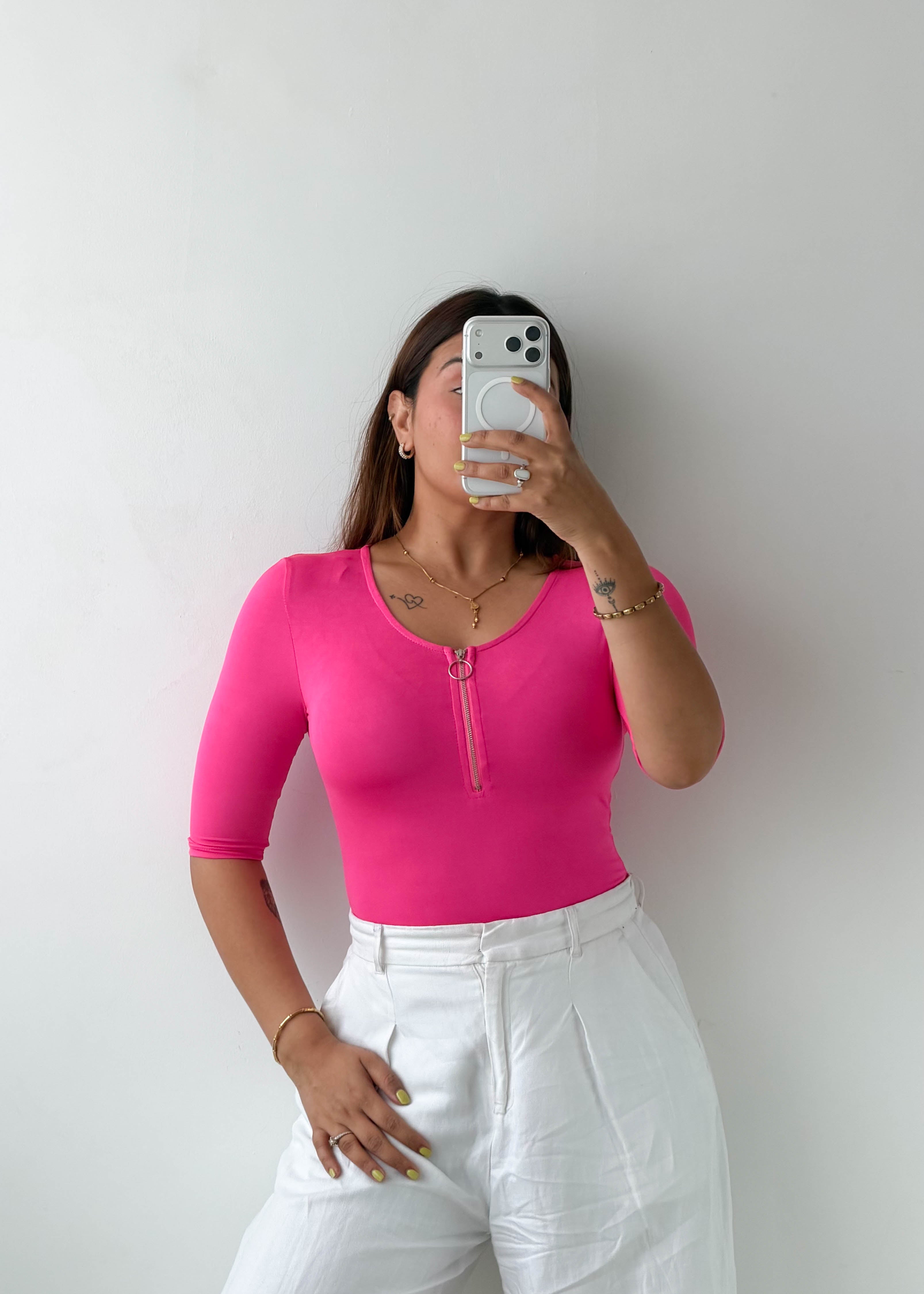 Size XS-S Hot Pink Zip Neck Bodysuit