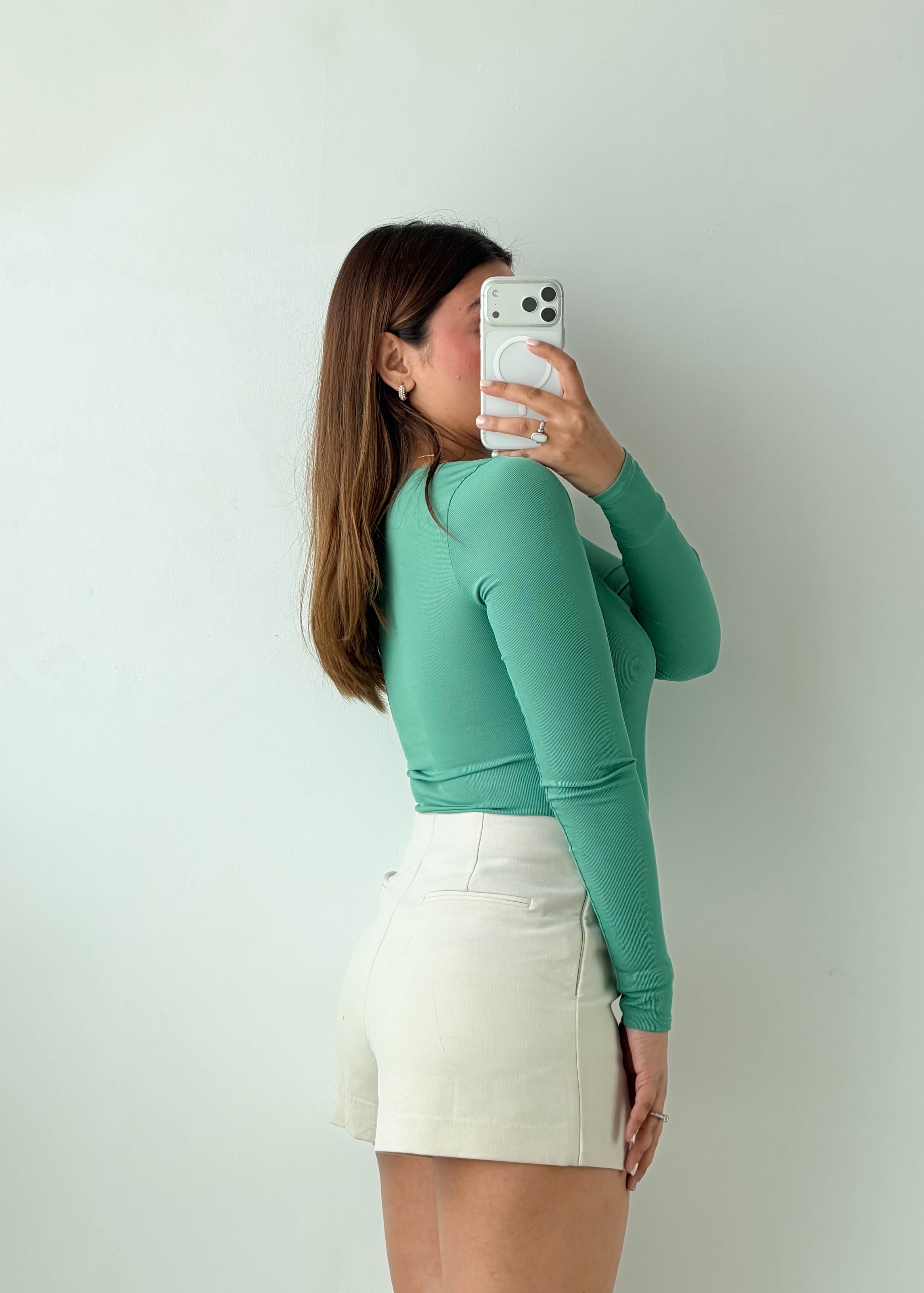 Size S-M Teal Square Neck Long Sleeve Bodysuit
