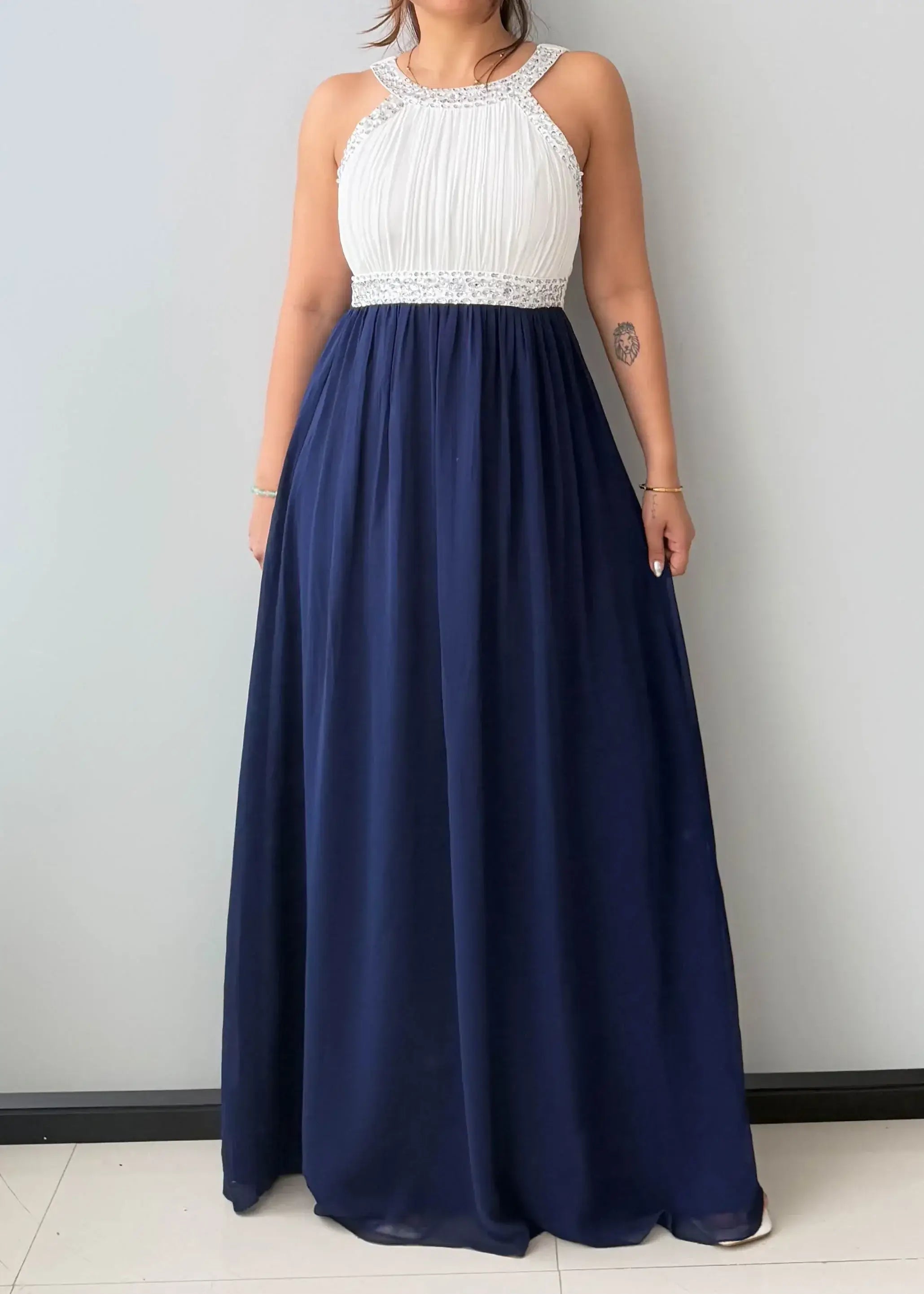 Size M-L, Navy & White Halter Maxi Dress - Closet by Payal