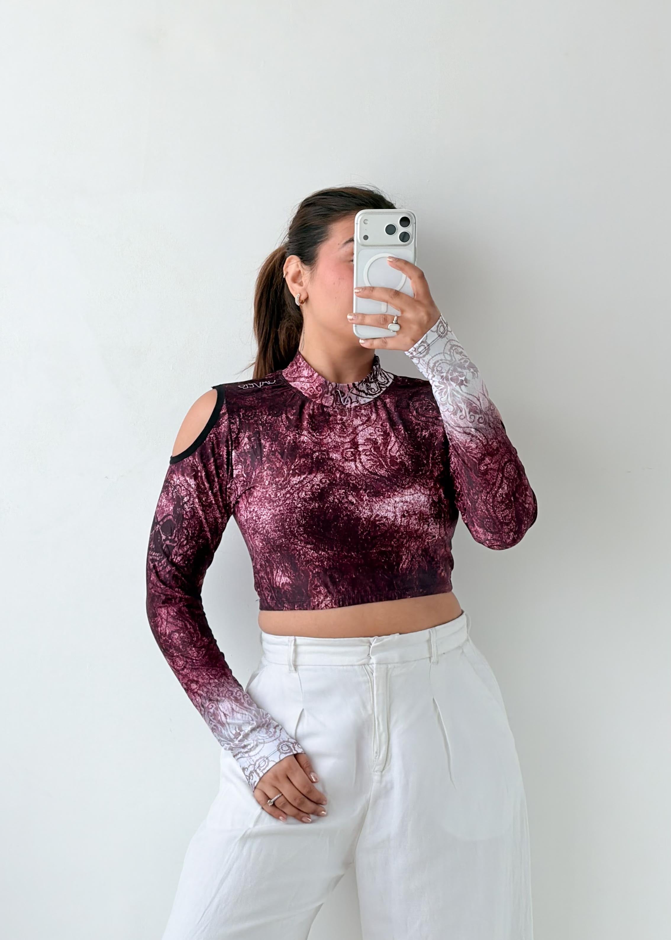 Size S-M Burgundy Marble Cold Shoulder Top