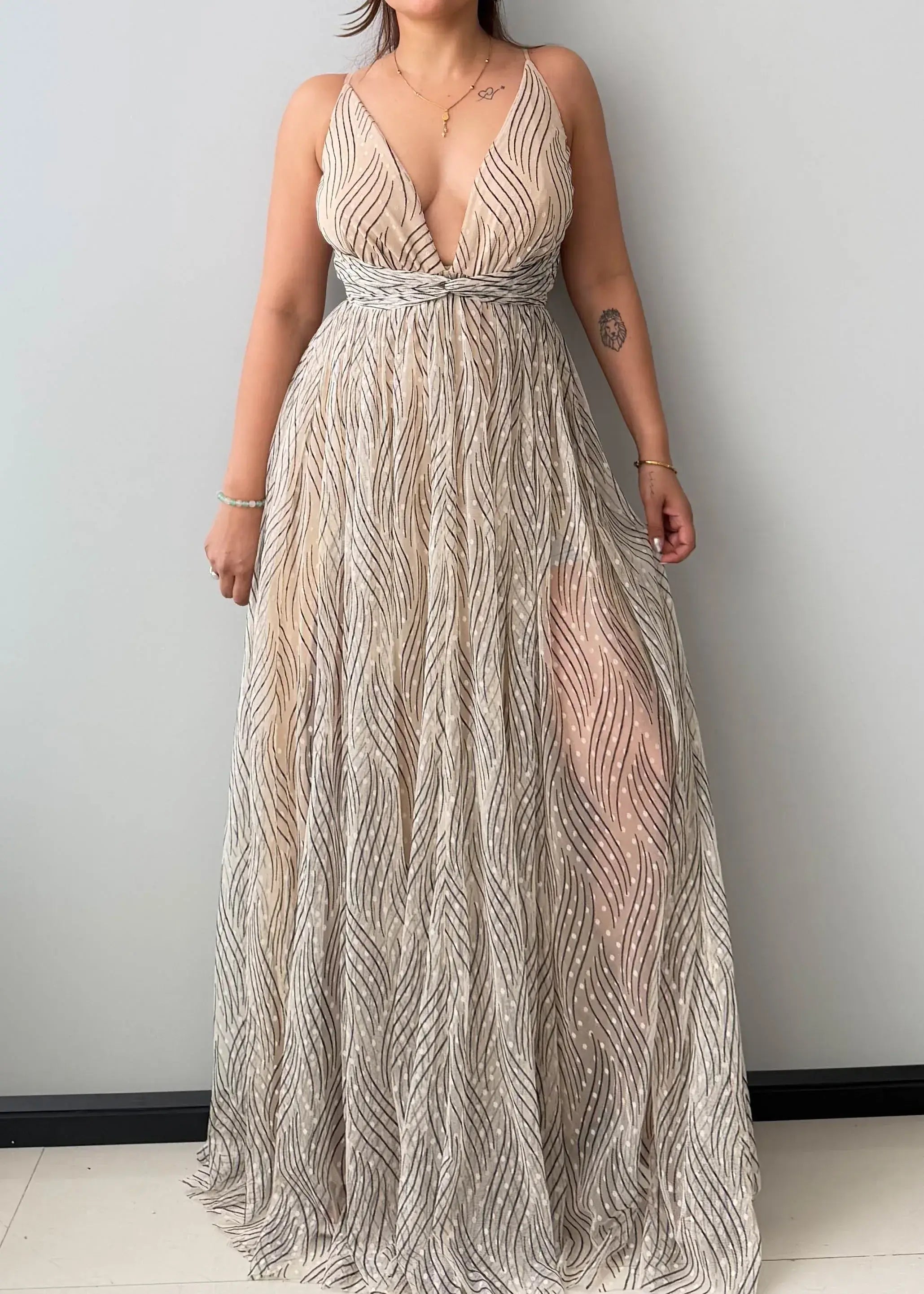 Size XS-S, Gold Plunge Neck Maxi Dress - Closet by Payal