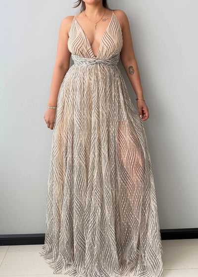 Size XS-S, Gold Plunge Neck Maxi Dress - Closet by Payal