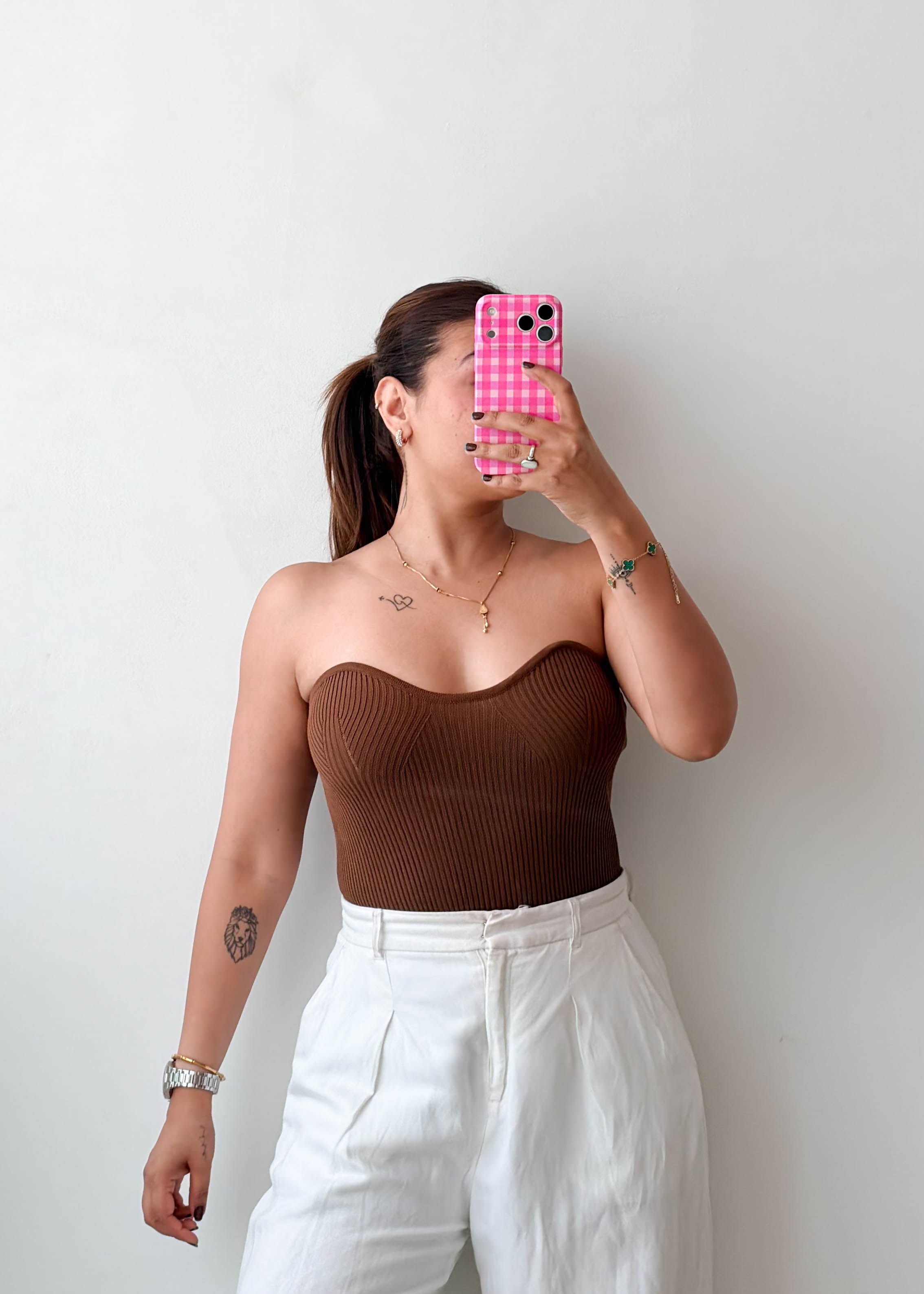 Size S-M Brown Ribbed Sweetheart Tube Top