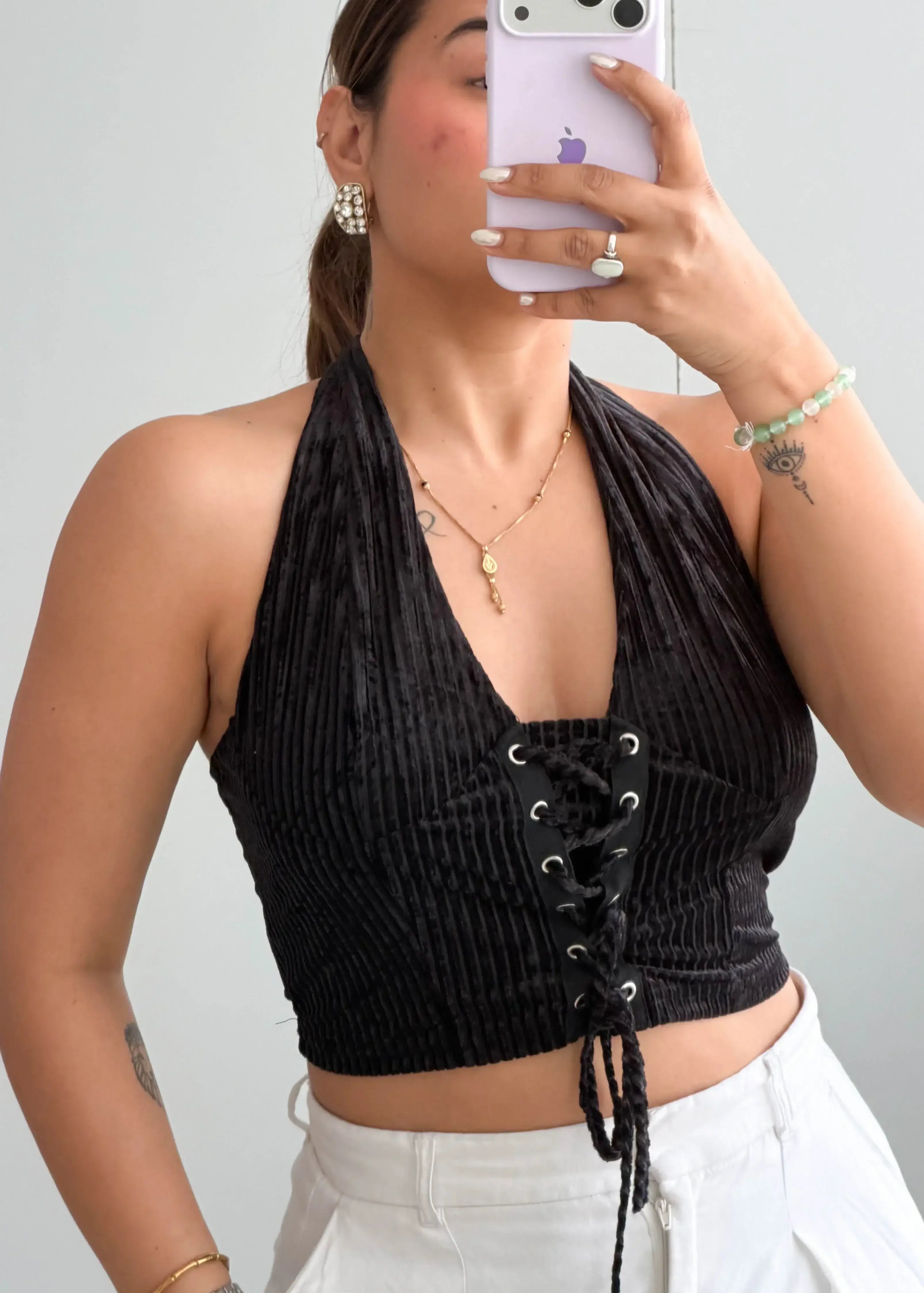 Size S-M, Black Lace-Up Ribbed Crop Top - Closet by Payal
