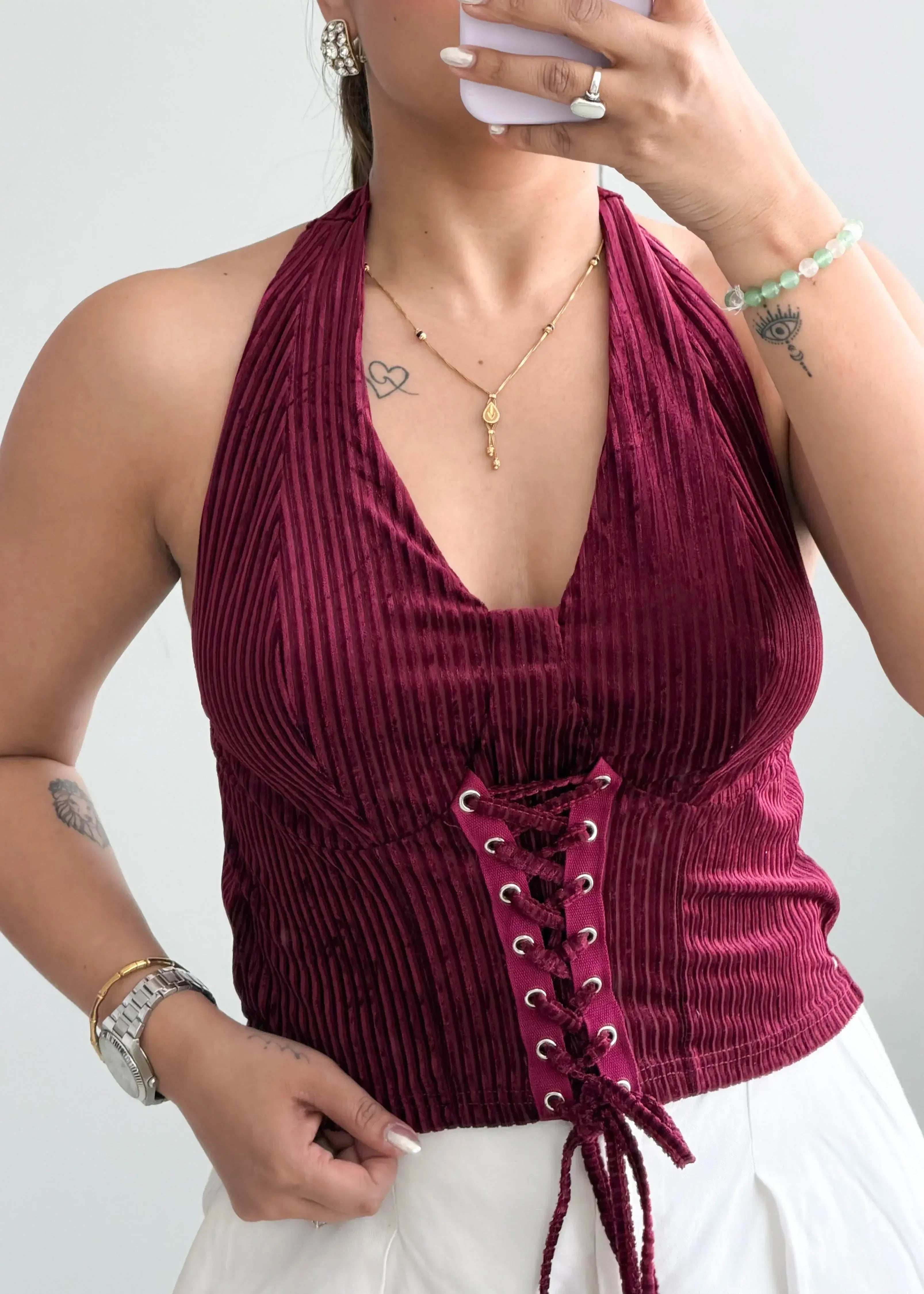 Size M-L, Burgundy Lace-Up Halter Ribbed Top - Closet by Payal