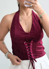 Size M-L, Burgundy Lace-Up Halter Ribbed Top - Closet by Payal