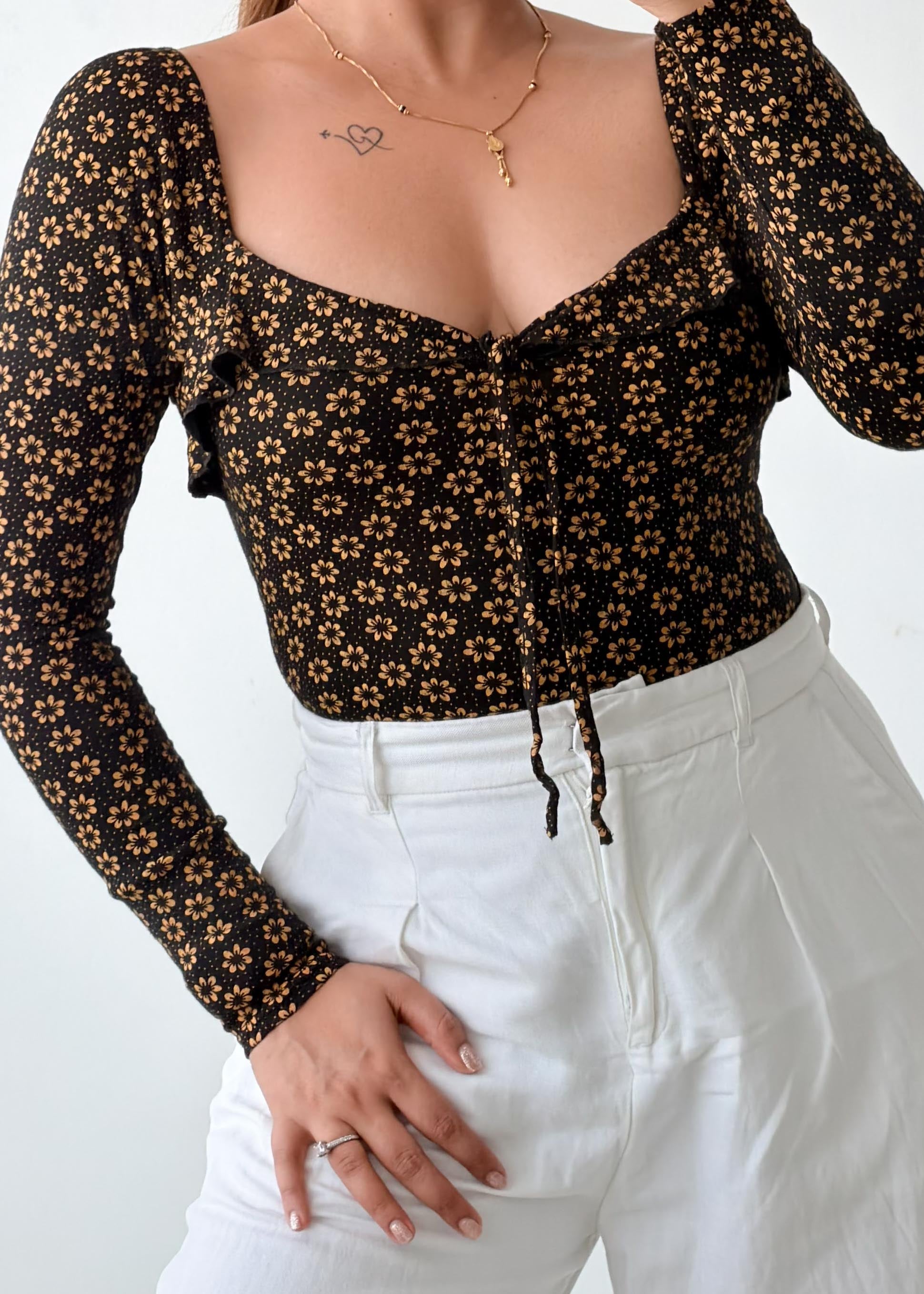 Size S-M Black Floral Sweetheart Bodysuit