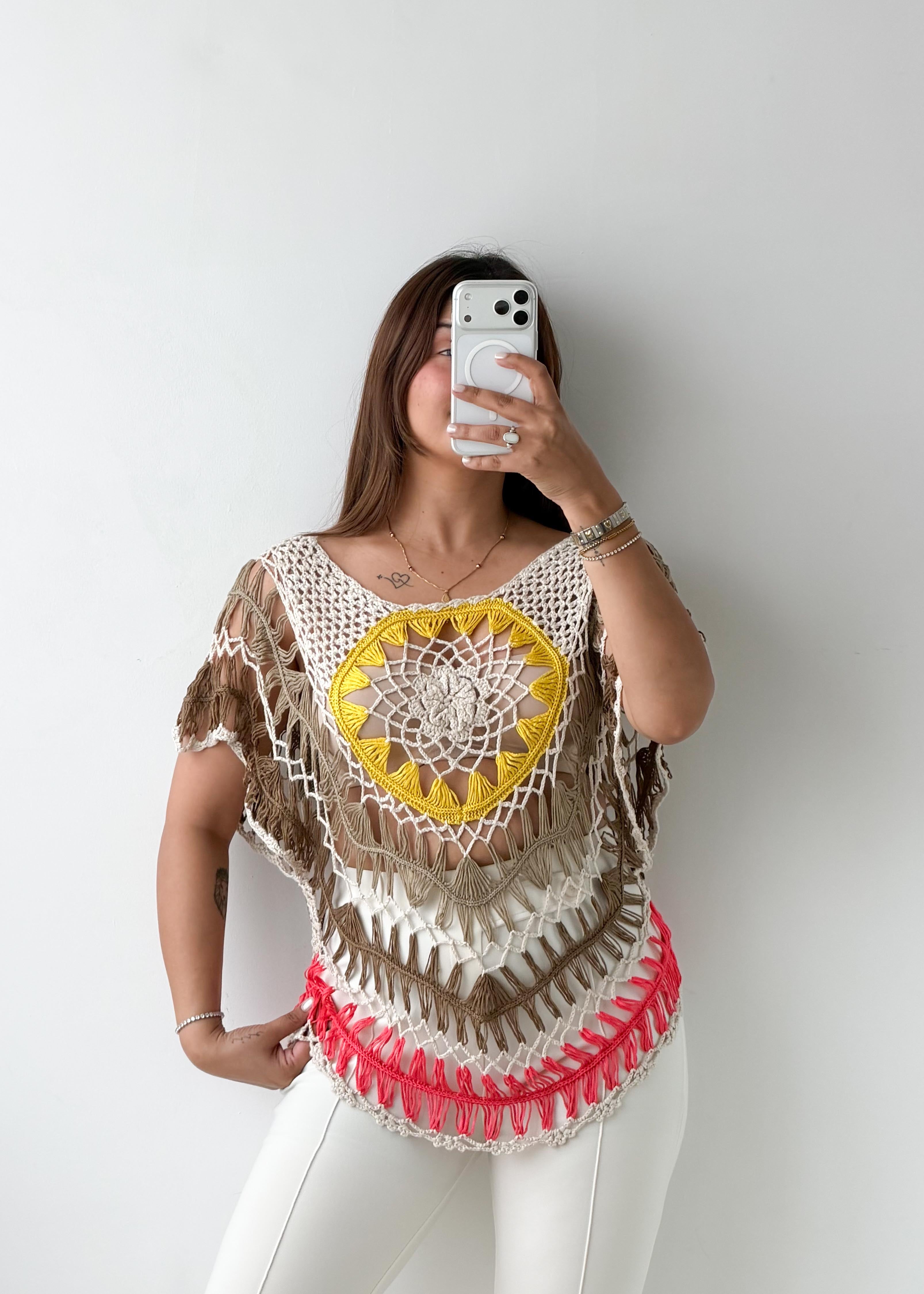 Size S-M Multicolor Crochet Poncho Top
