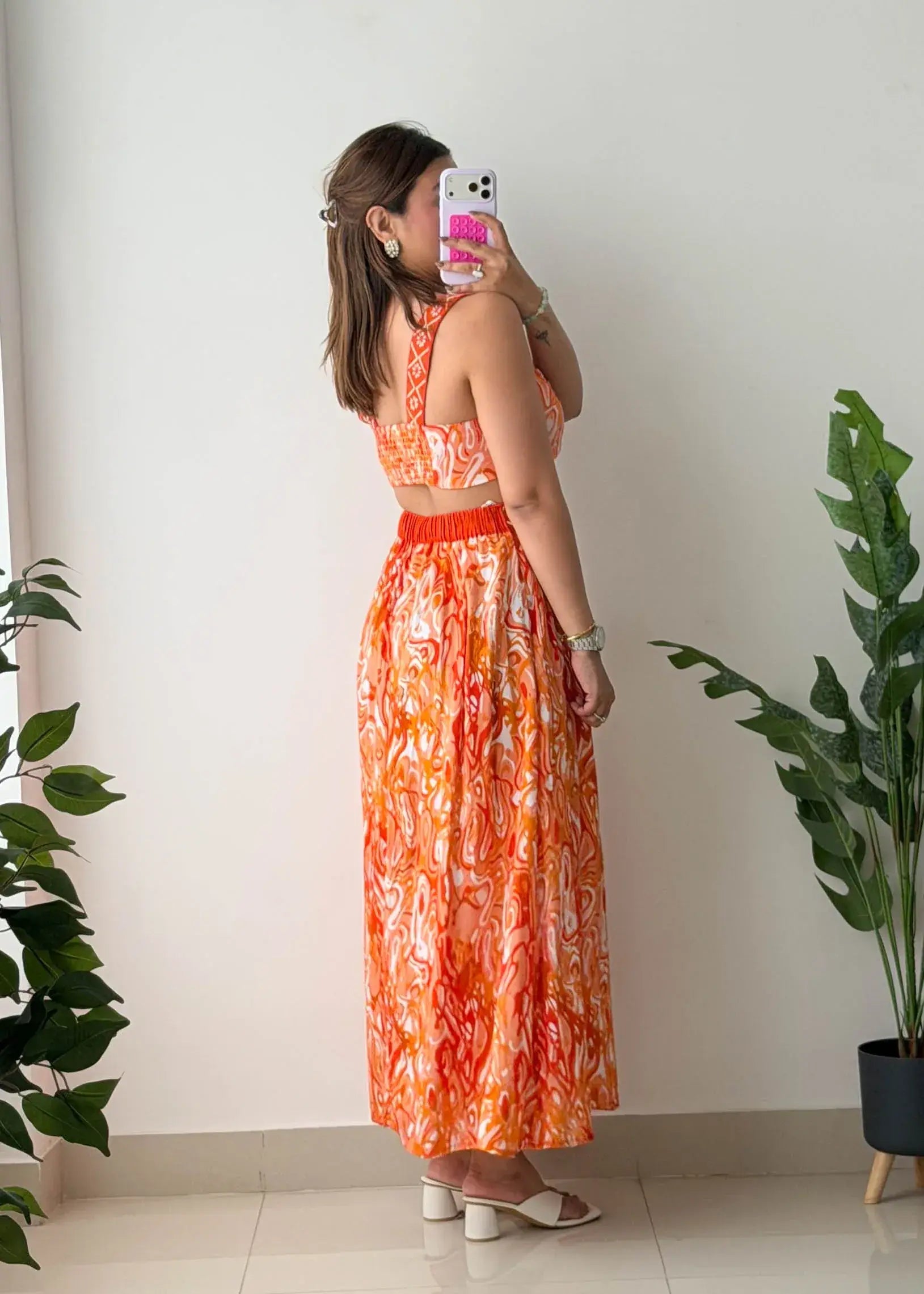 Size XS-S, Orange Abstract Print Maxi Dress
