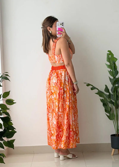 Size XS-S, Orange Abstract Print Maxi Dress