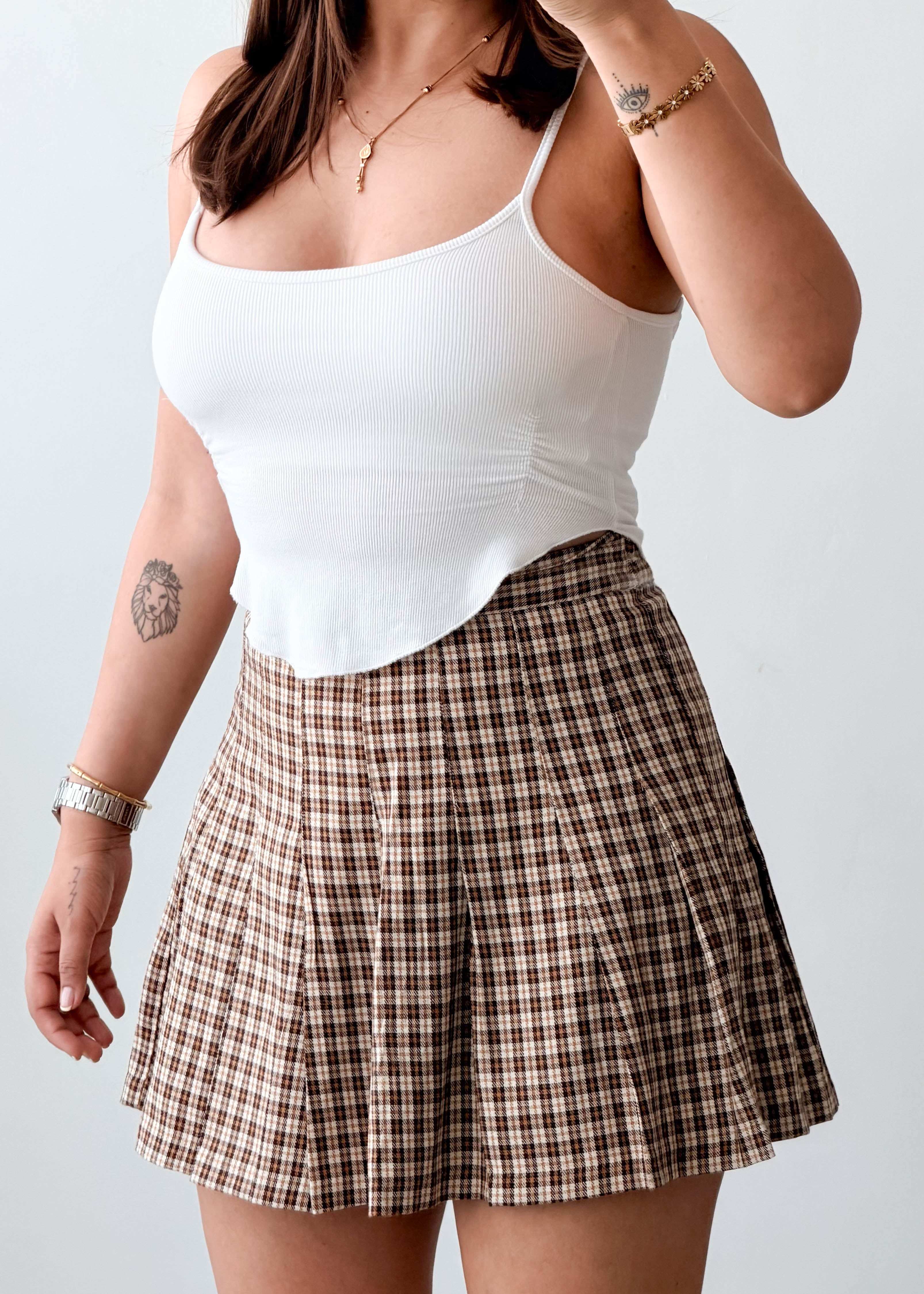 Waist 27-28 Brown Pleated Checked Skirt