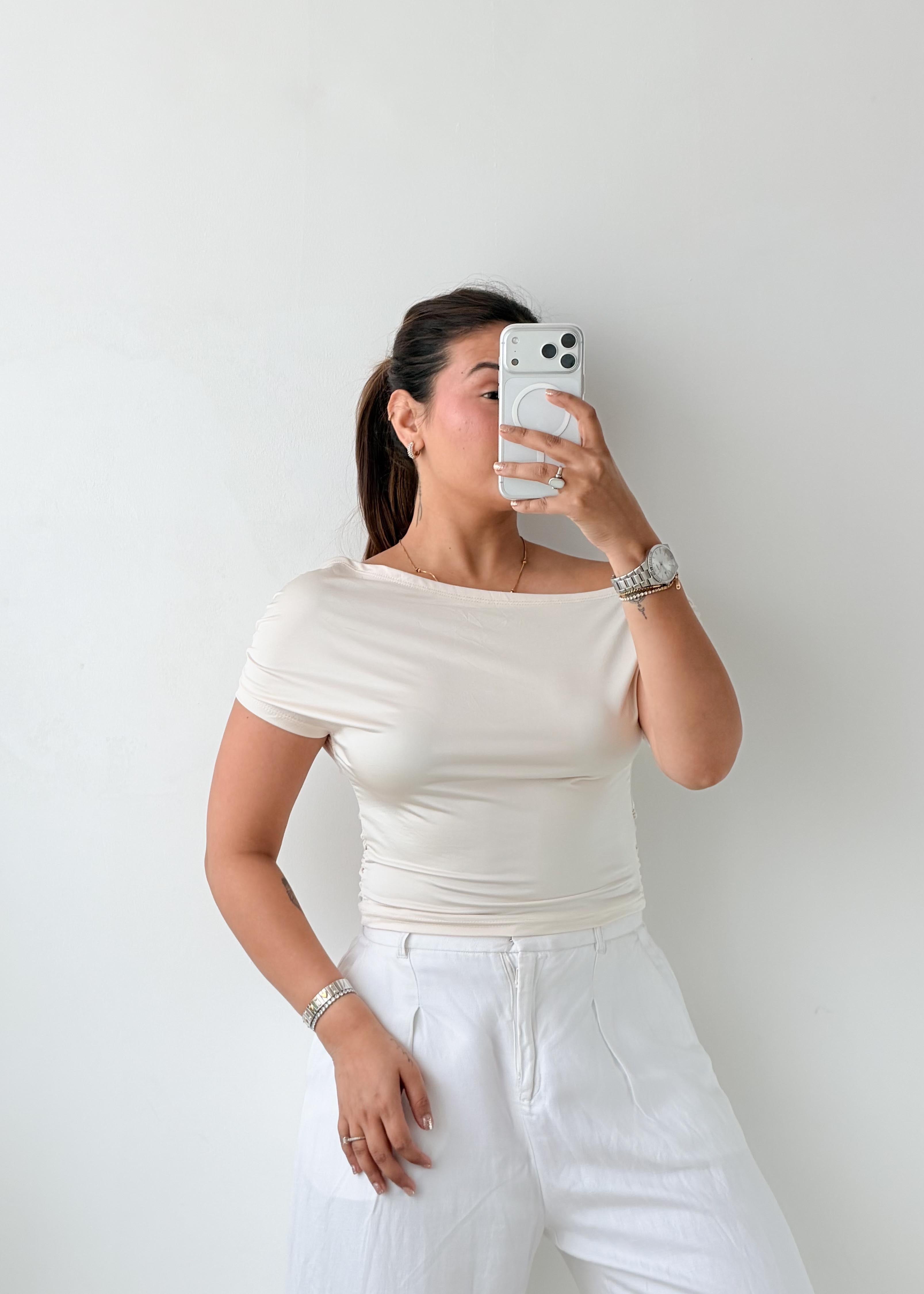 Size S-M White Draped Boat Neck Top
