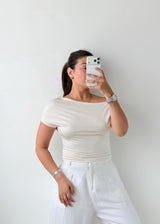 Size S-M White Draped Boat Neck Top