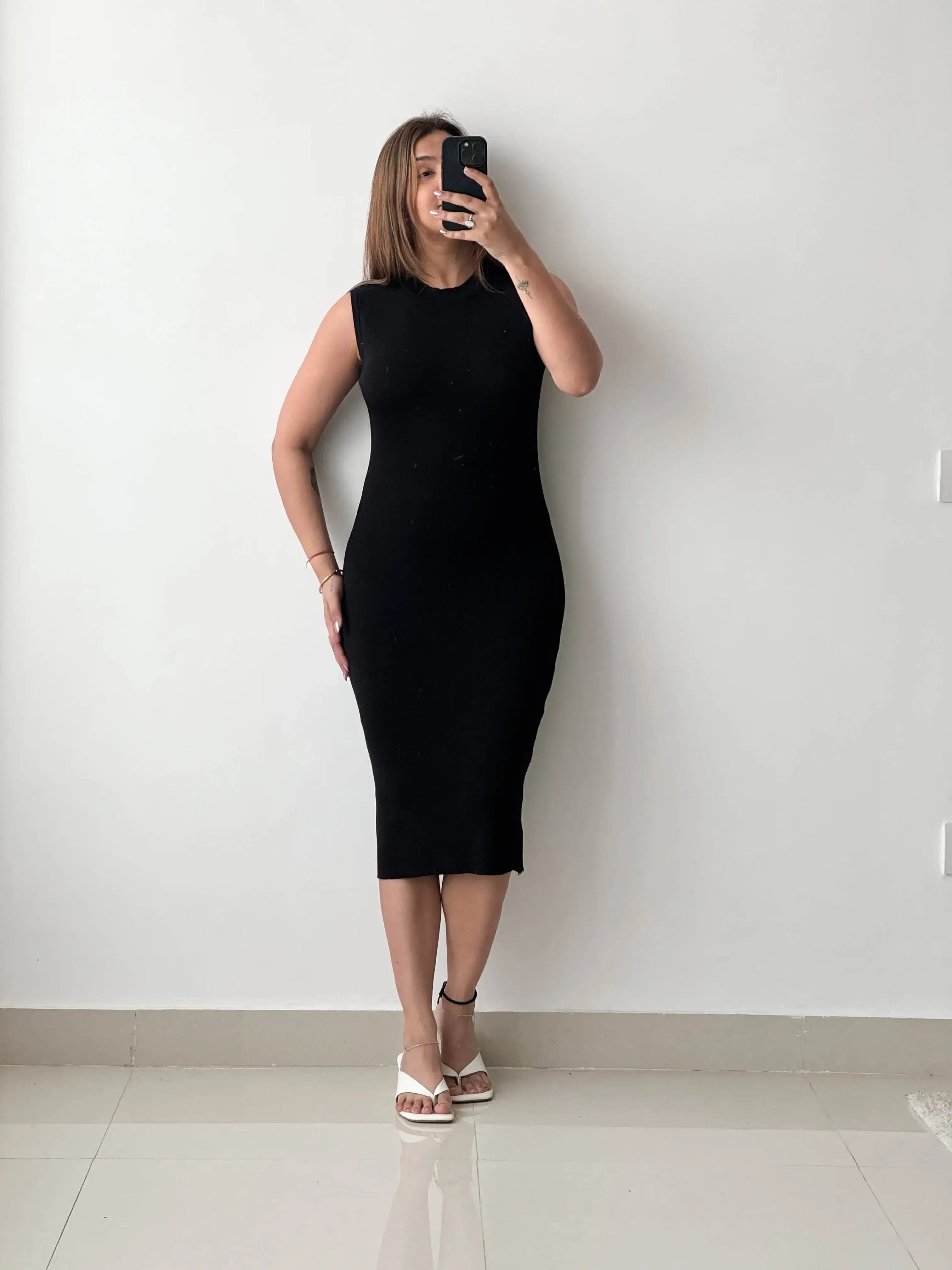 Size S-M, Black Sleeveless Bodycon Midi Dress