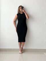 Size S-M, Black Sleeveless Bodycon Midi Dress