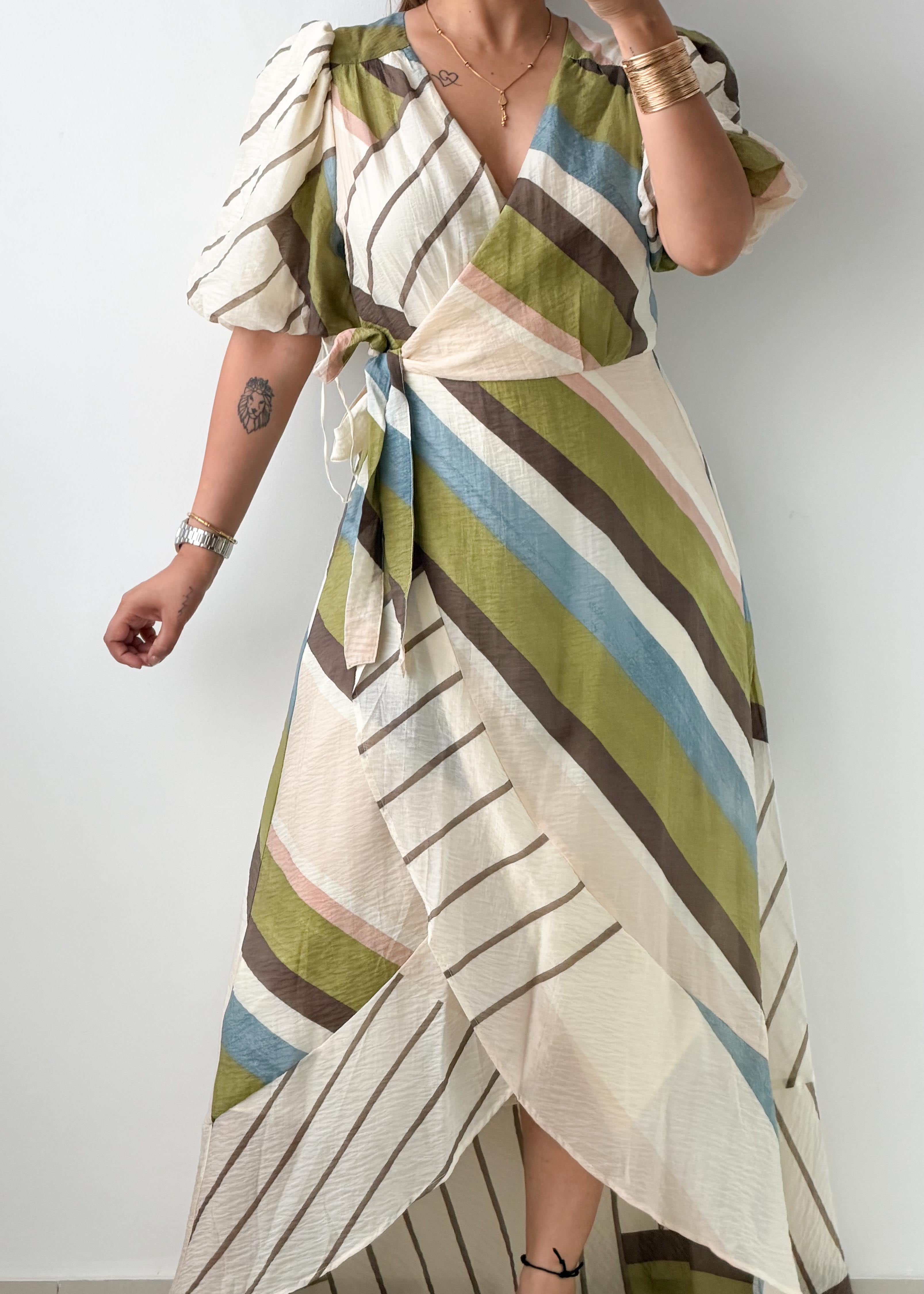 Size M-L Multicolor Stripe Wrap Maxi Dress