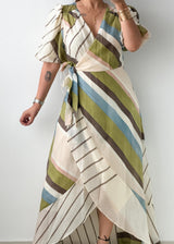 Size M-L Multicolor Stripe Wrap Maxi Dress