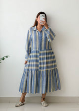Size L-XL Blue Striped Shirt Midi Dress