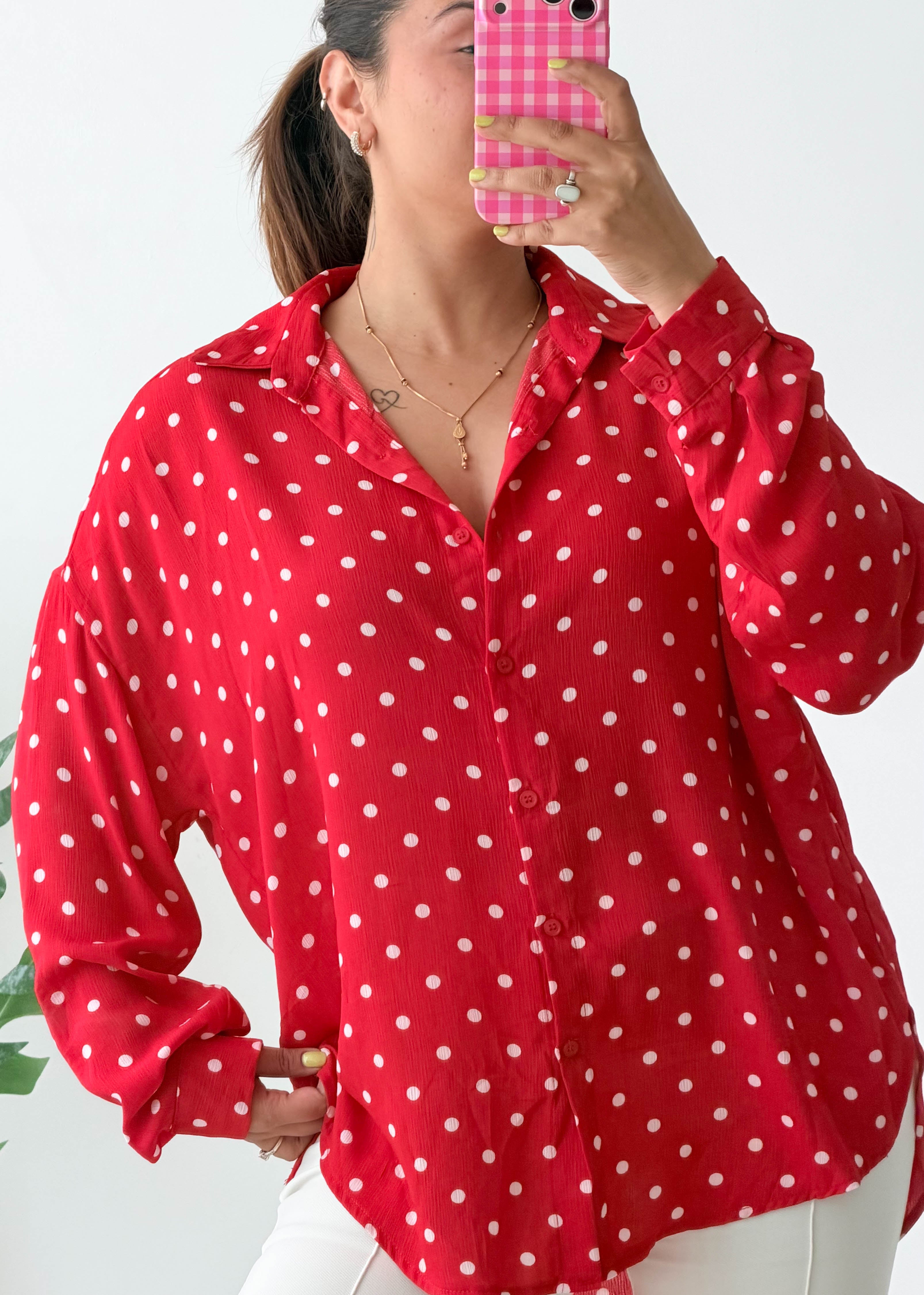 Size M-XL Red Polka Dot Oversized Shirt