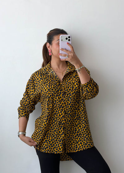 S-M Yellow Leopard Print Viscose Crepe Shirt