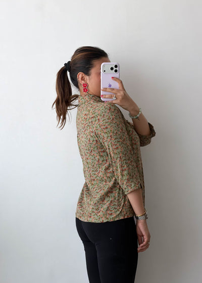 XS-S Green Micro Floral Viscose Crepe Shirt