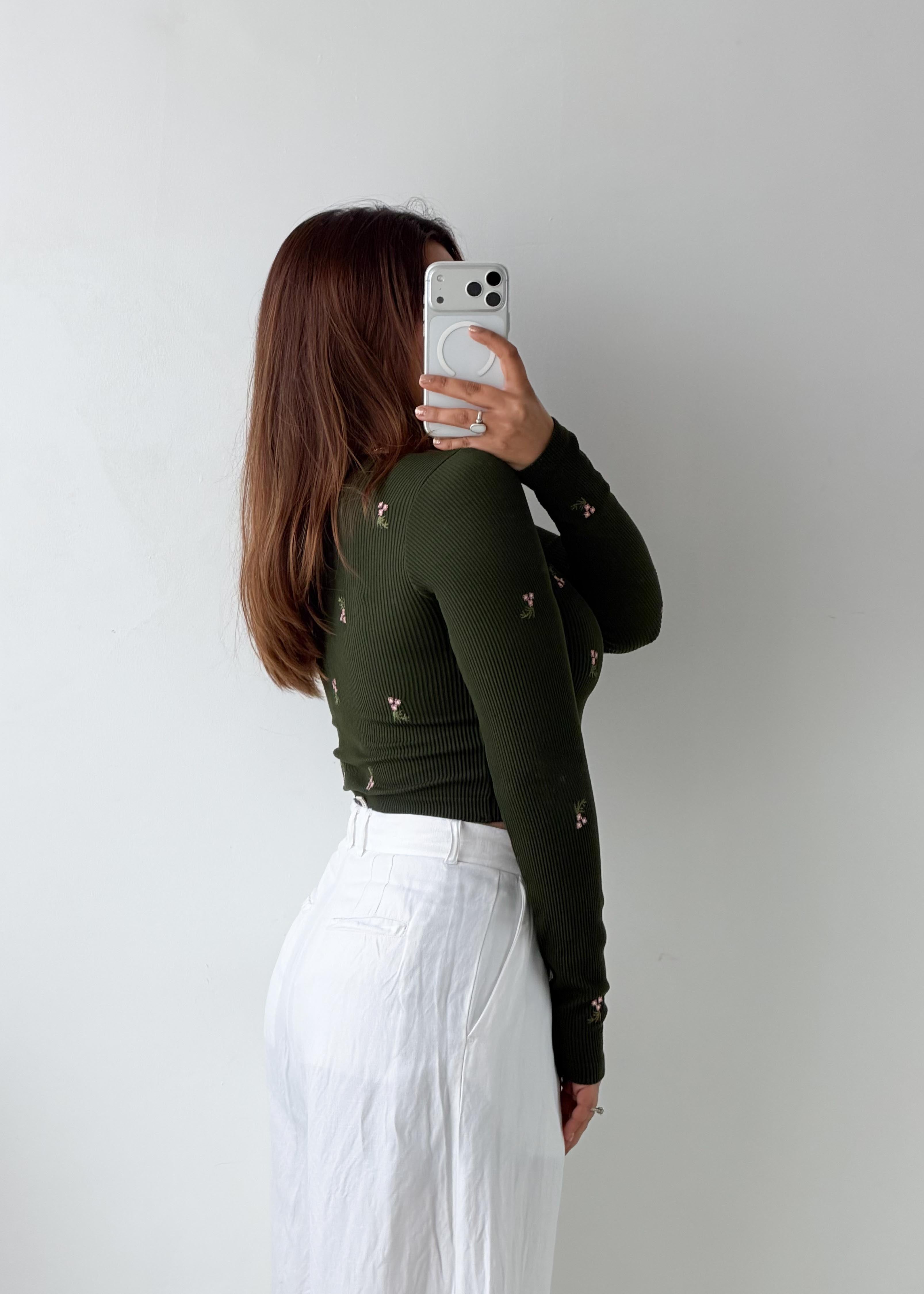 Size S-M Olive Embroidered Crop Top
