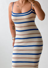 Size S-M Blue & Cream Striped Ribbed Knit Midi Dress