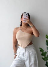Size S-M, Beige One-Shoulder Asymmetrical Top