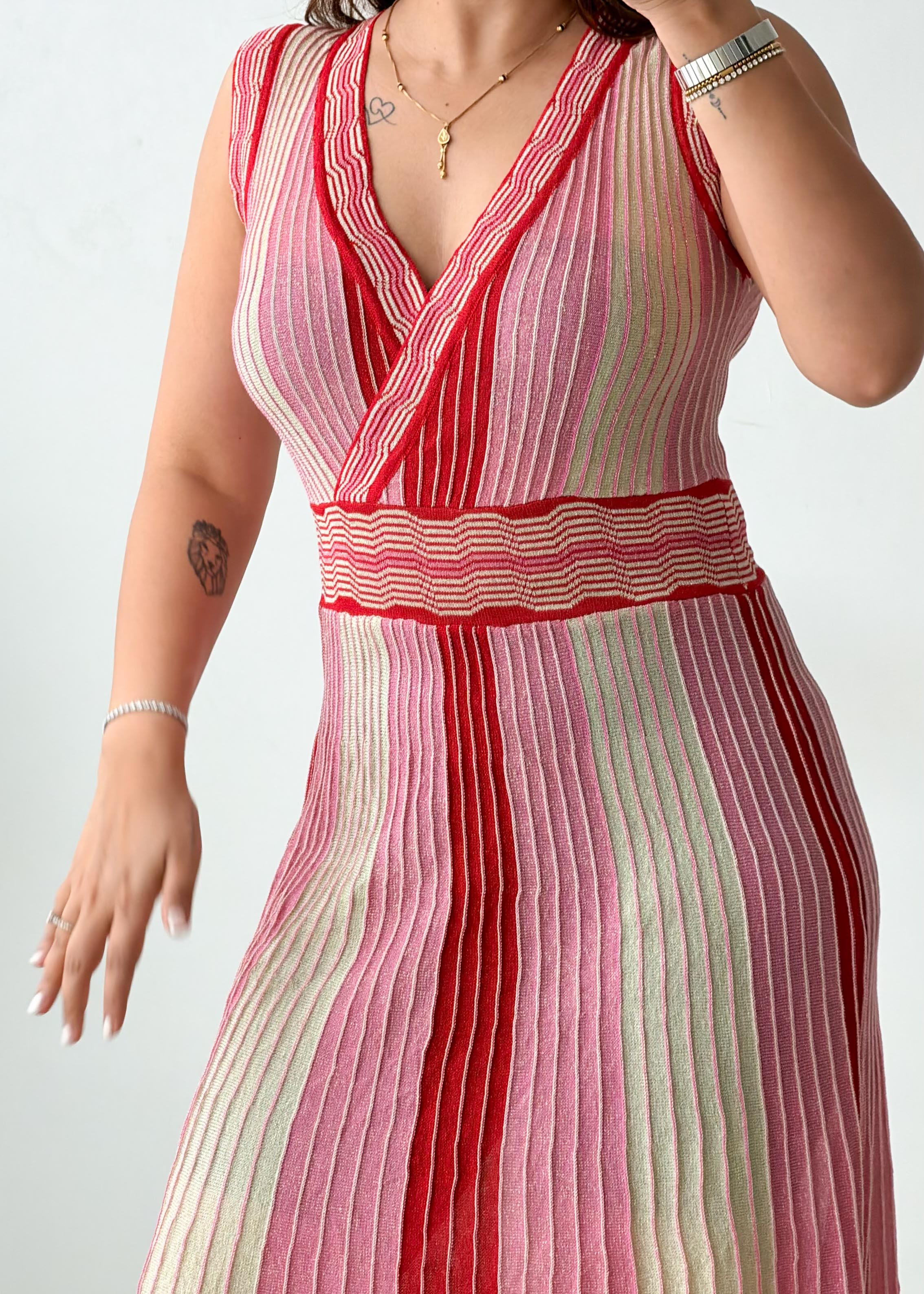 Size XS-S Pink & Red Striped Knit Midi Dress