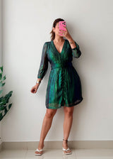 Size M-L Emerald Green Shimmer Sheer Sleeve Mini Dress