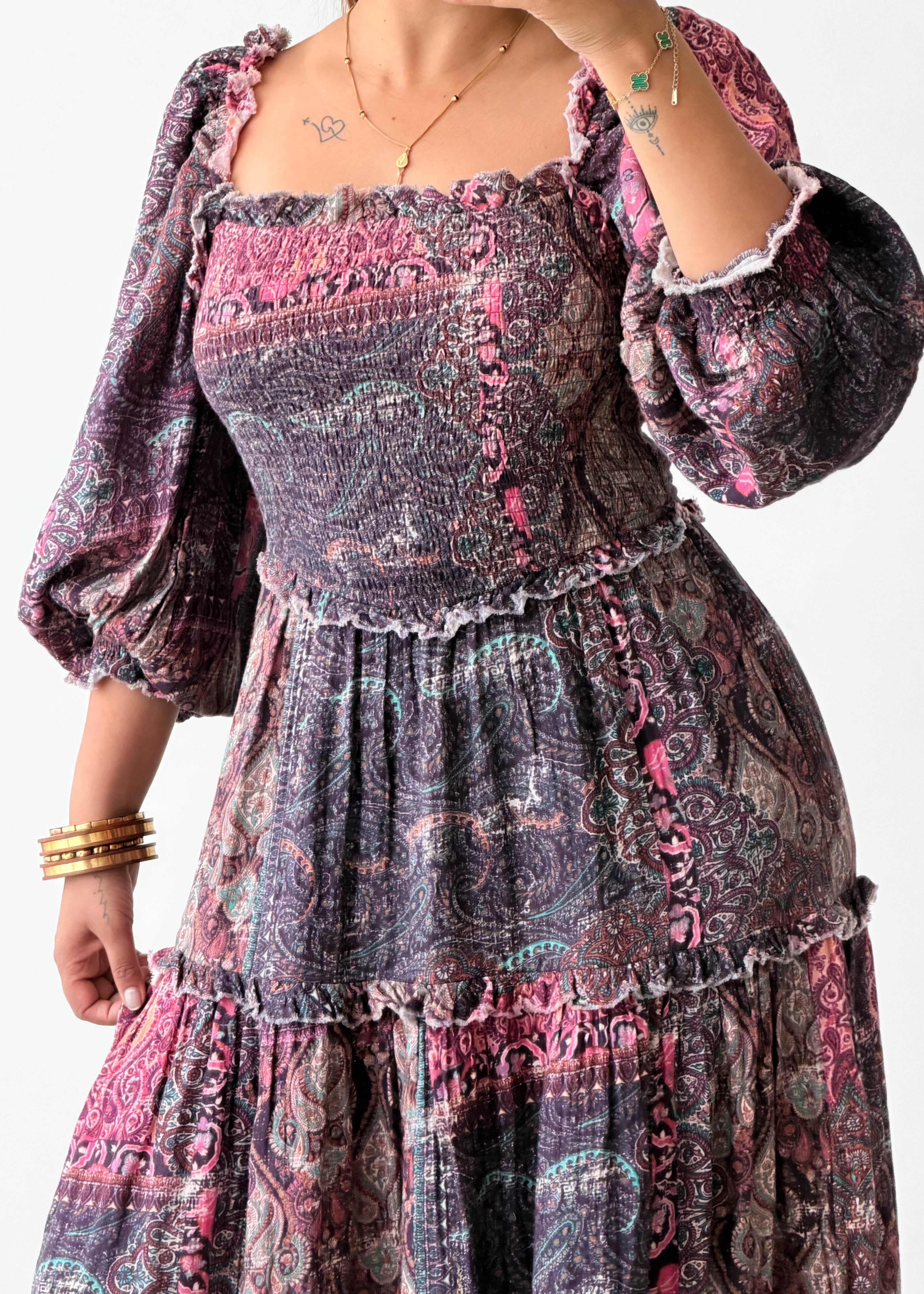 Size M-L Pink Paisley Smocked Maxi Dress