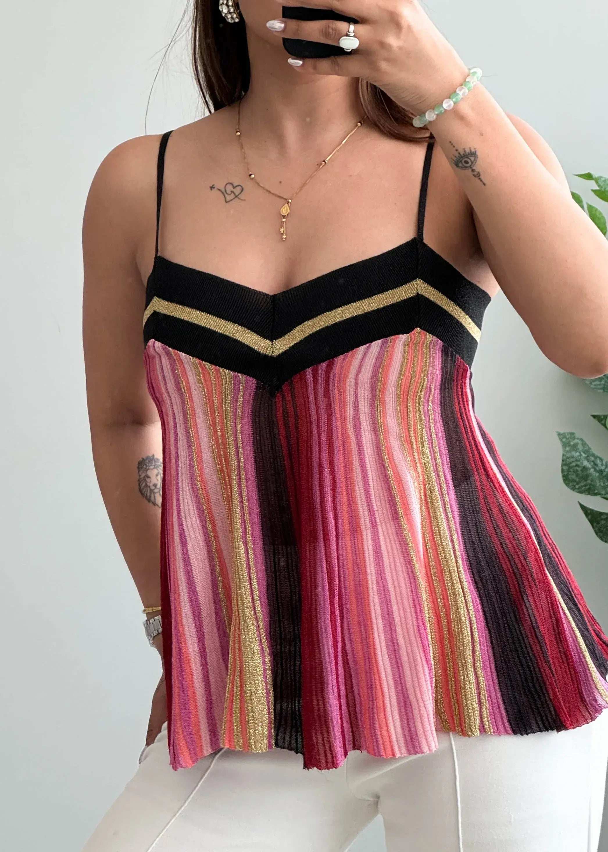 Size XS-S, Multicolor Striped Spaghetti Strapy Top - Closet by Payal