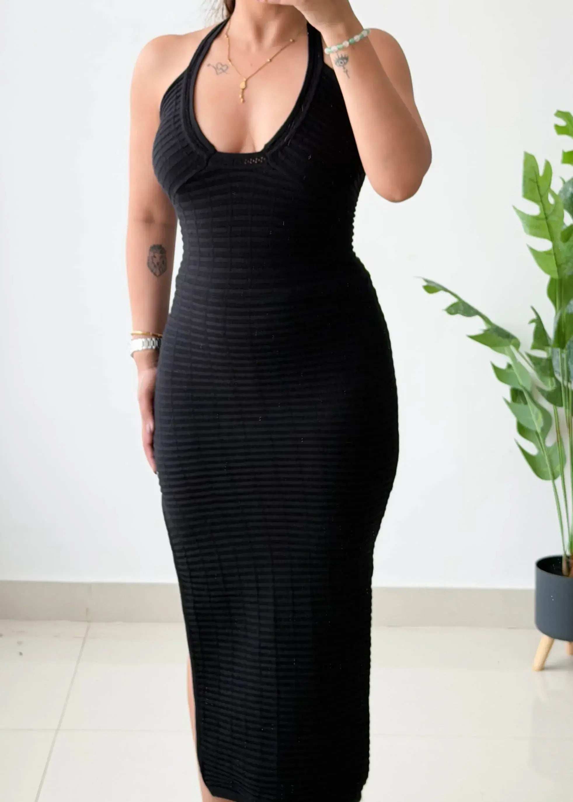 Size XS-S, Black Halter Neck Ribbed Midi Dress - Closet by Payal