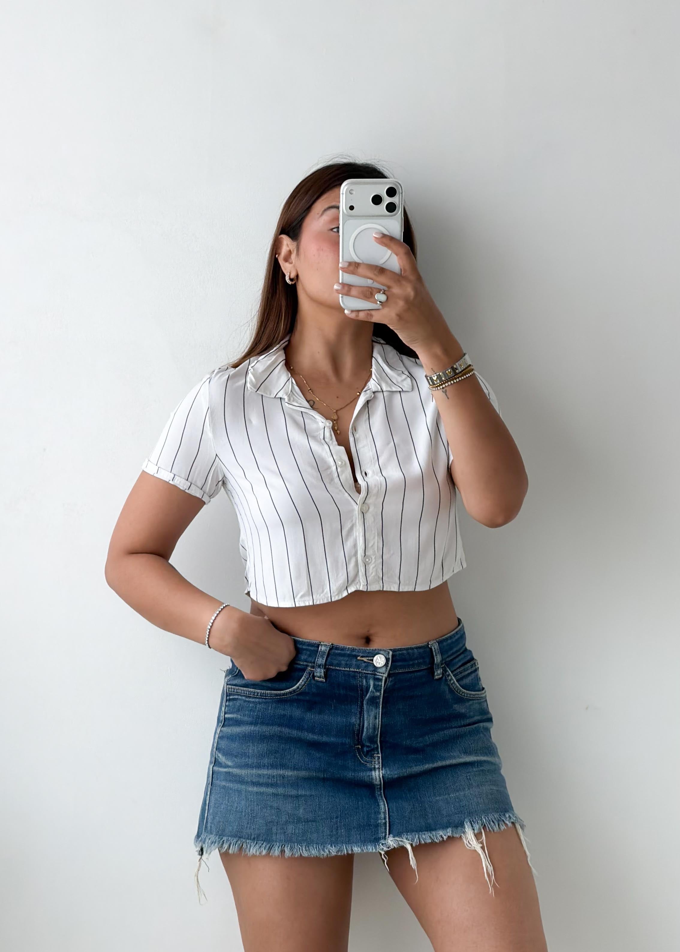 Size XS White Pinstripe Cropped Shirt Top