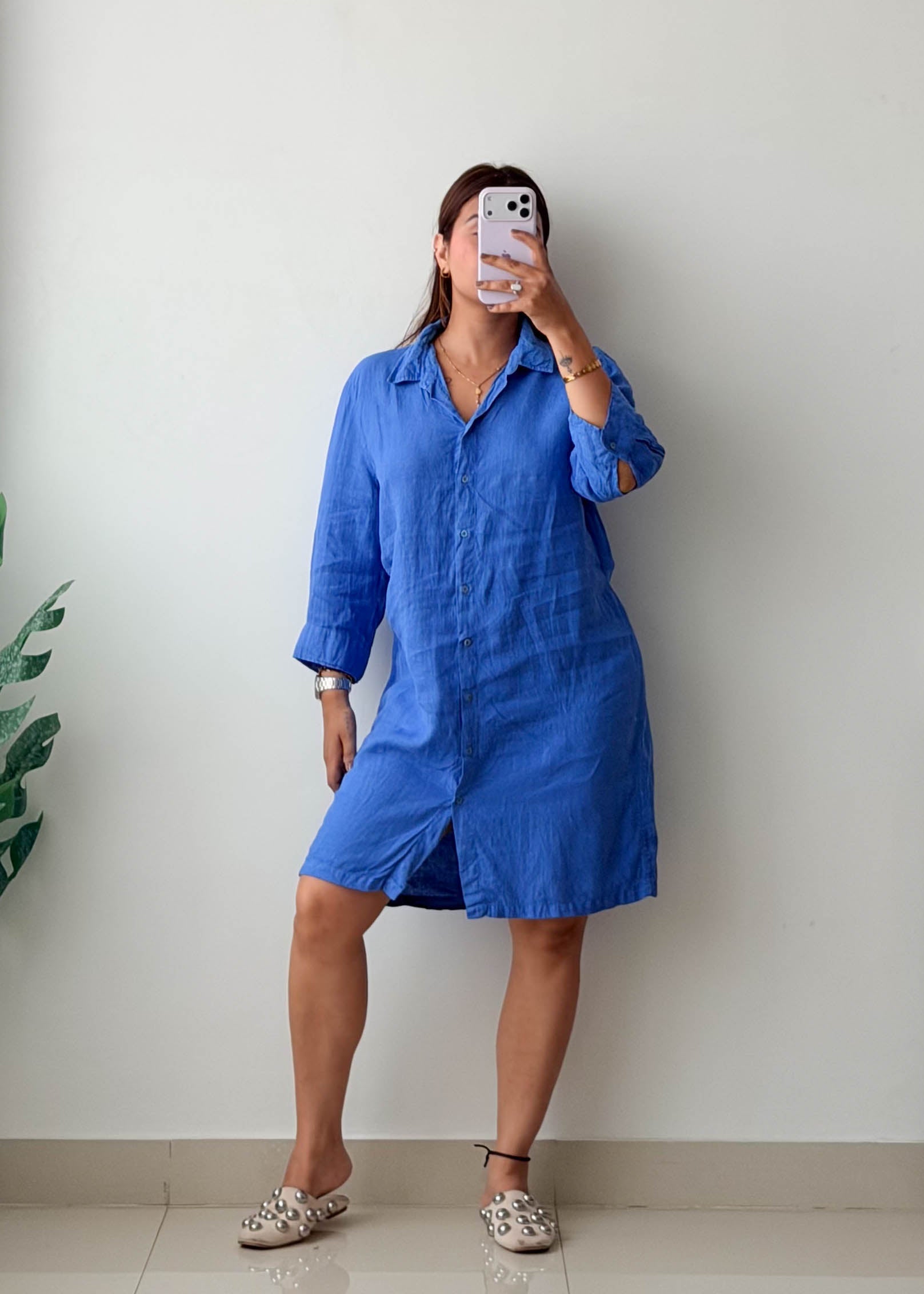 Size S-M Blue Linen Shirt Dress