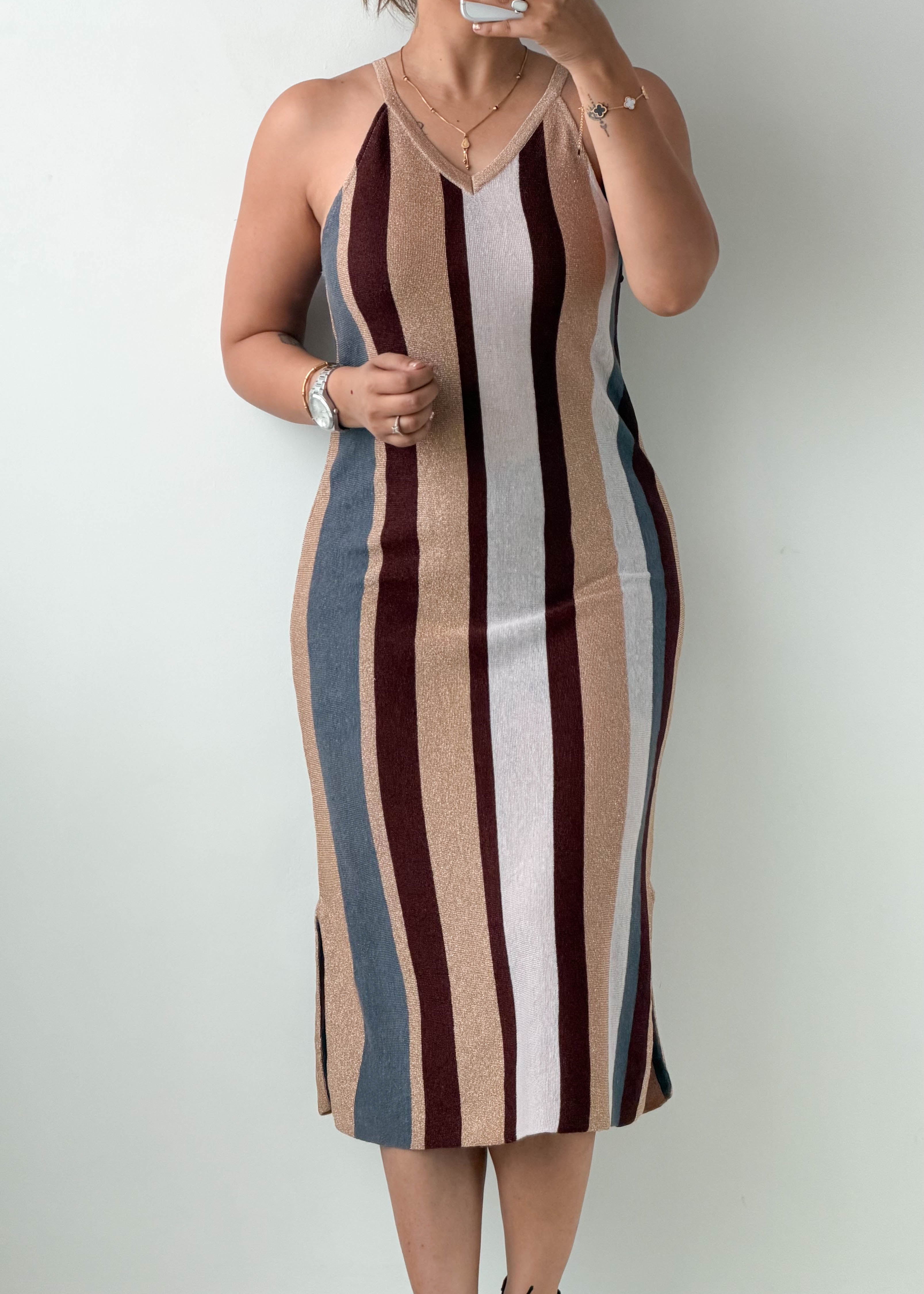 Size S-M Multicolor Striped Ribbed Knit Midi Dress