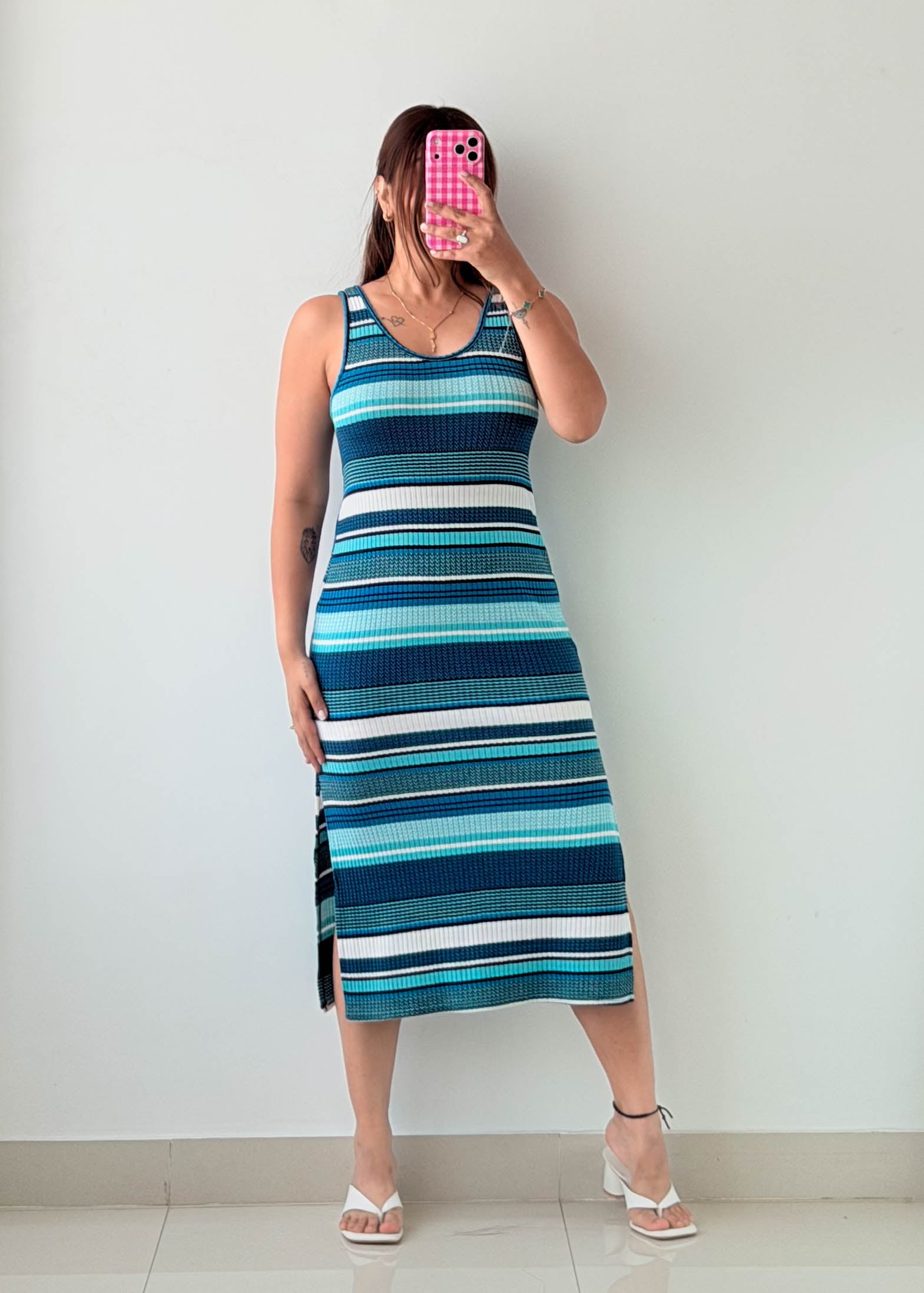 Size M-L Blue Striped Knit Maxi Dress