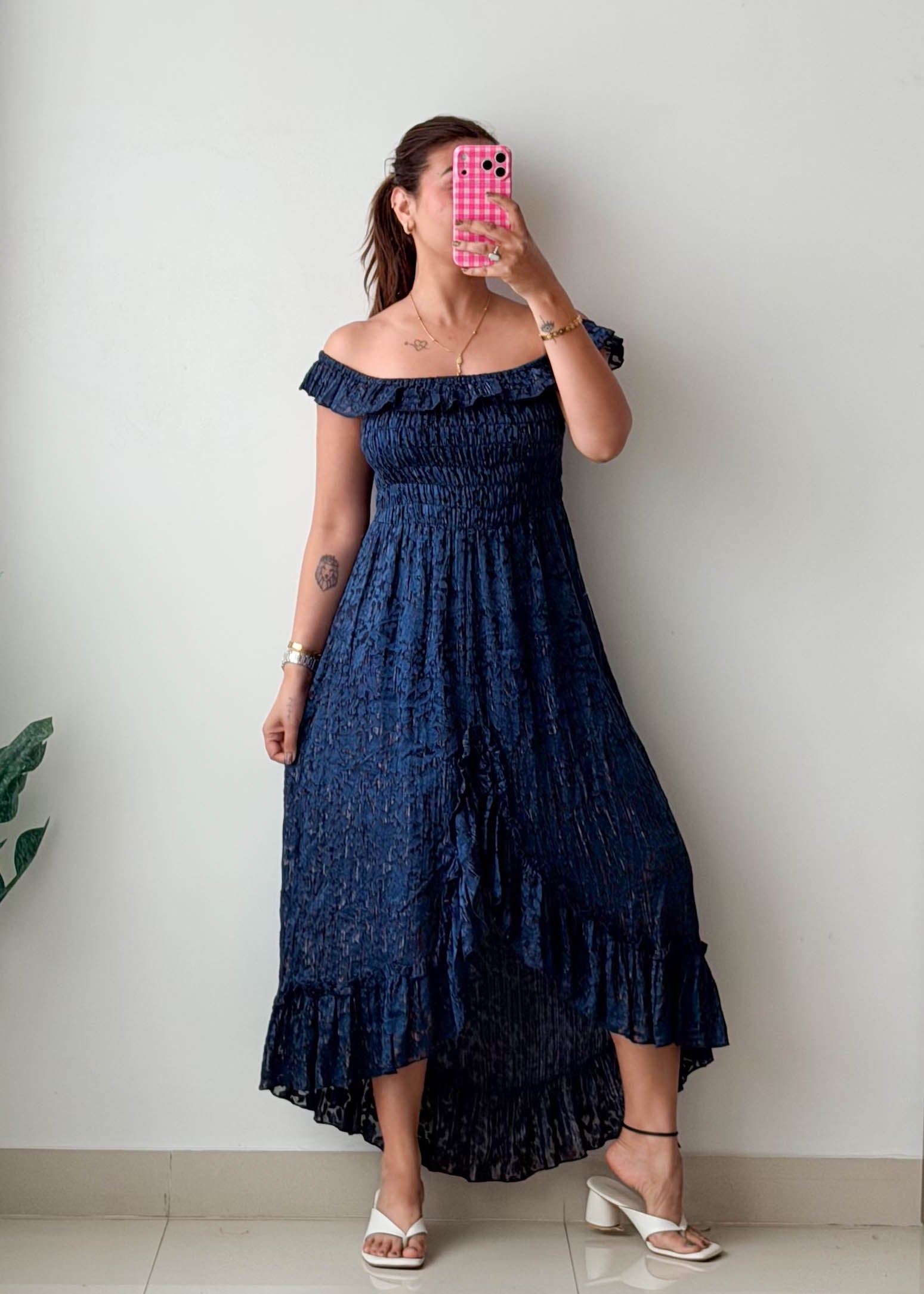 Size XS-S Navy Off-Shoulder High-Low Maxi Dress