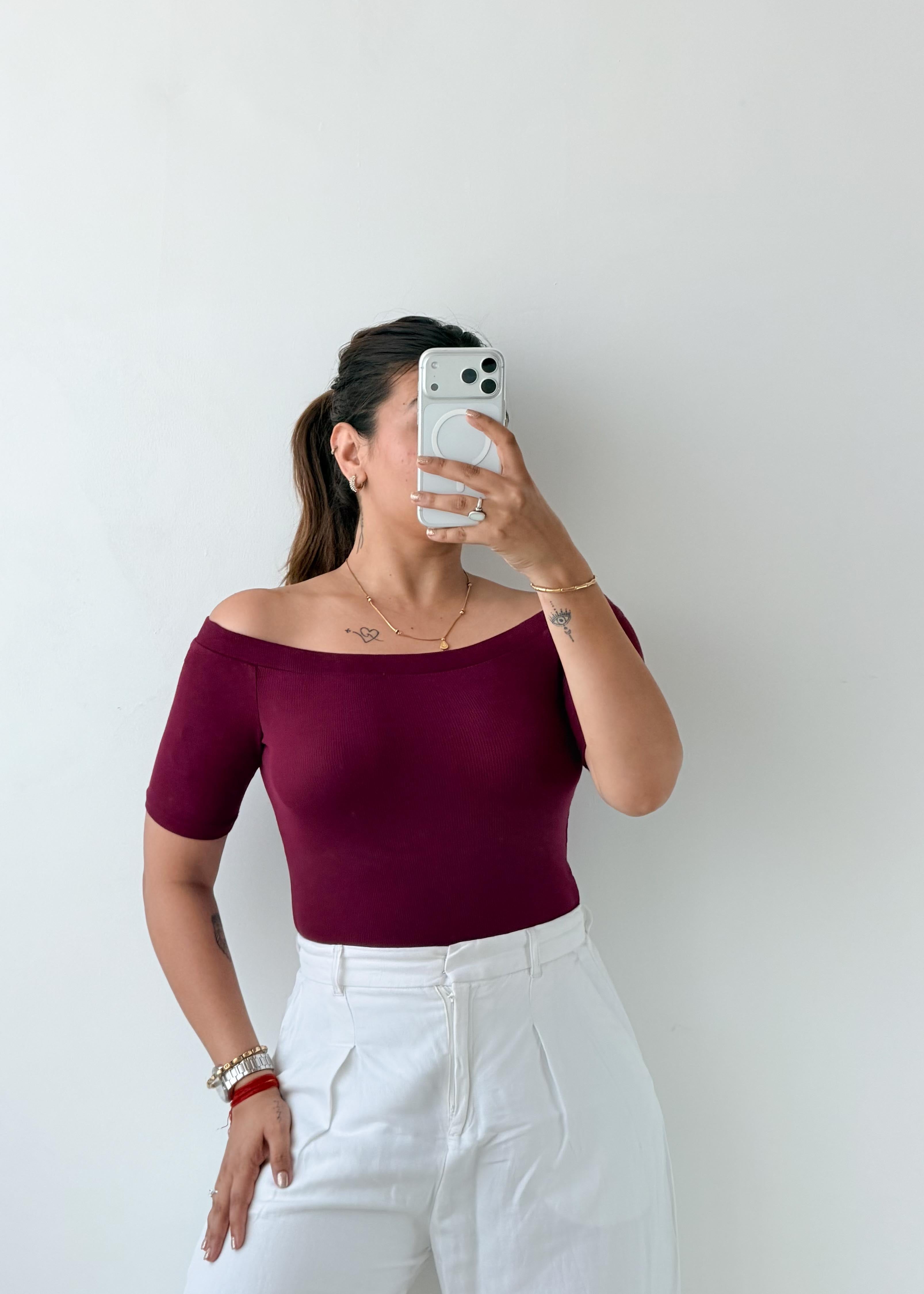 Size S-M Wine Off-Shoulder Bodysuit