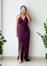 Size L-XL, Plum Halter Neck Ribbed Maxi Dress - Closet by Payal