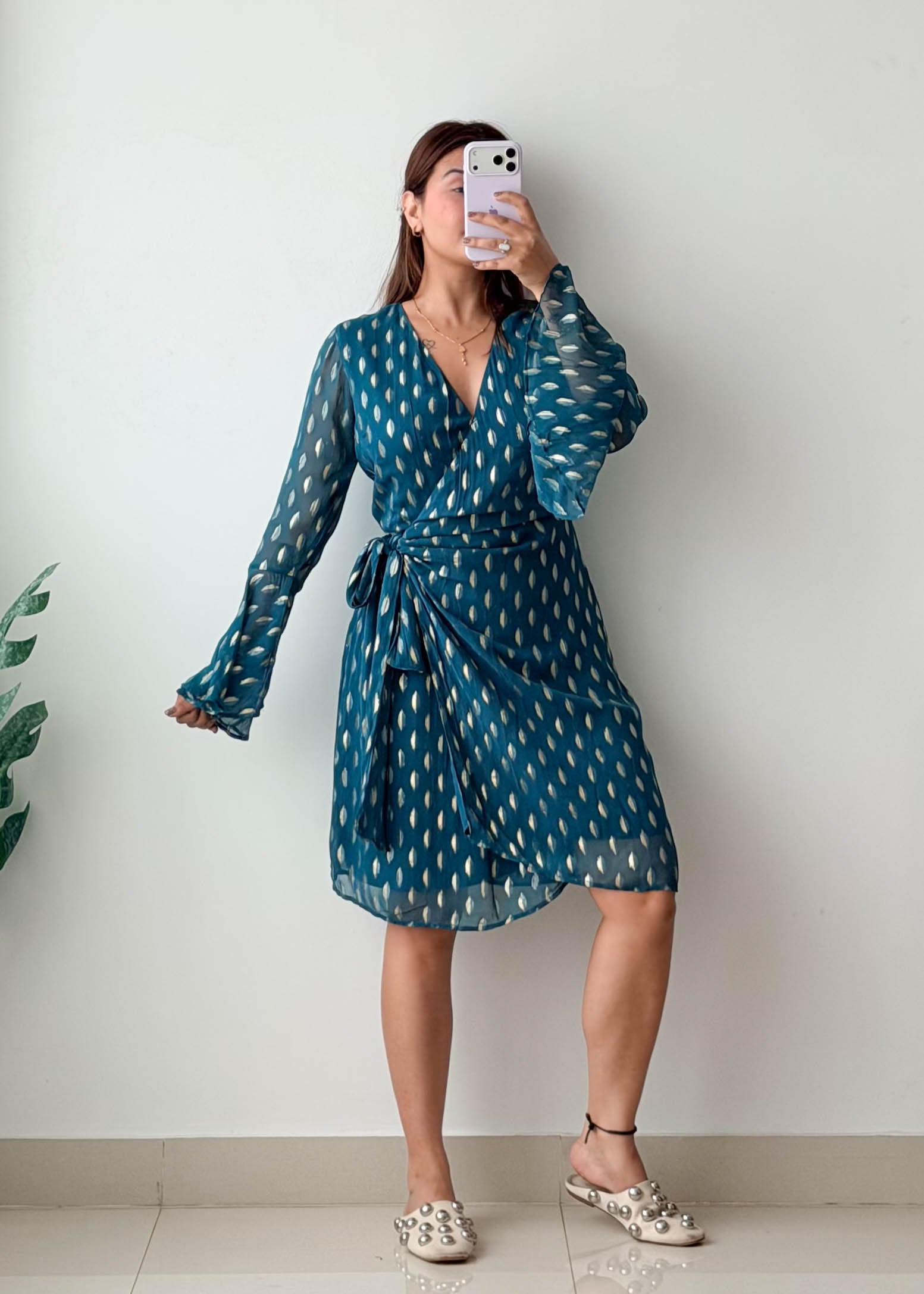 Size M-L Teal Printed Wrap Dress
