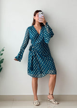 Size M-L Teal Printed Wrap Dress