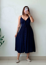 Size S-M Navy Blue Cotton Tie-Up Midi Dress