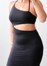 Size XS-S Black One-Shoulder Cut-Out Midi Dress