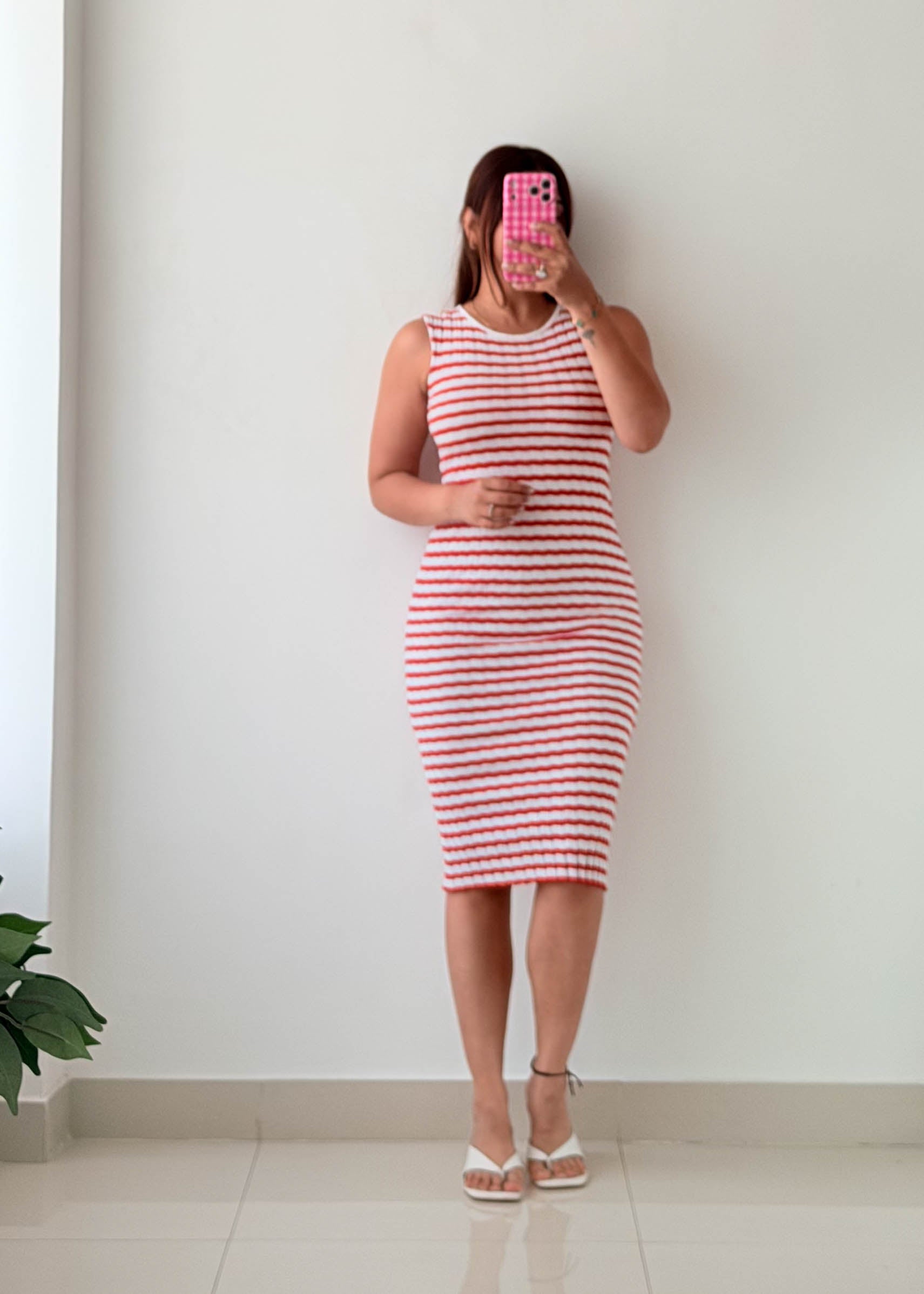 Size XS-S Red & White Striped Bodycon Midi Dress