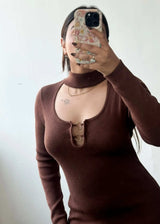 Size M-L, Brown Cut-Out Ribbed Midi Dress