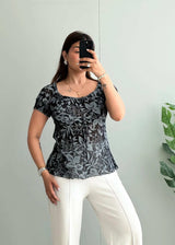 Size XS-S, Y2K Black Floral Sheer Tie-Up Top - Closet by Payal